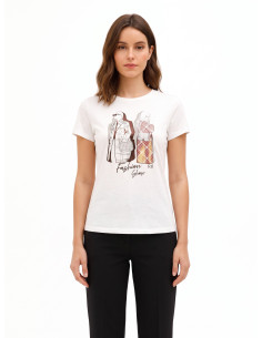 T-Shirt Regular In Cotone Con Stampa Fashion Laminata E Strass Rinascimento