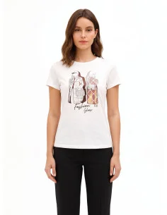 T-Shirt Regular In Cotone Con Stampa Fashion Laminata E Strass Rinascimento
