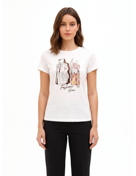 T-Shirt Regular In Cotone Con Stampa Fashion Laminata E Strass Rinascimento