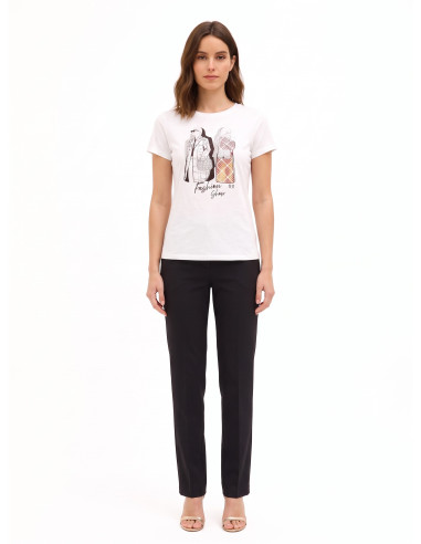 T-Shirt Regular In Cotone Con Stampa Fashion Laminata E Strass Rinascimento