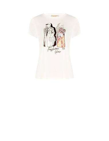 T-Shirt Regular In Cotone Con Stampa Fashion Laminata E Strass Rinascimento