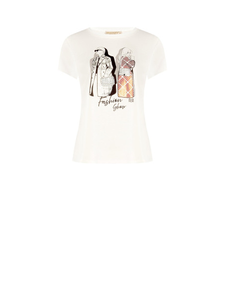 T-Shirt Regular In Cotone Con Stampa Fashion Laminata E Strass Rinascimento
