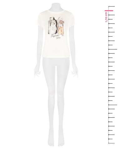 T-Shirt Regular In Cotone Con Stampa Fashion Laminata E Strass Rinascimento
