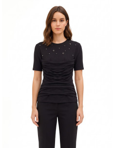 T-shirt coupe classique en coton mélangé, avec drapé et cristaux cabochons « Rinascimento »
