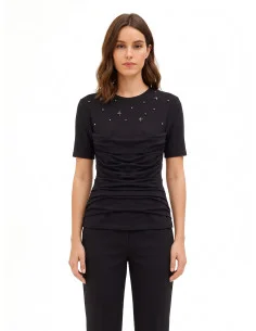 T-Shirt Regular In Misto Cotone Con Drappeggio E Cristalli Cabochon Rinascimento