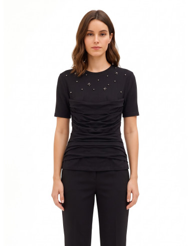 T-Shirt Regular In Misto Cotone Con Drappeggio E Cristalli Cabochon Rinascimento