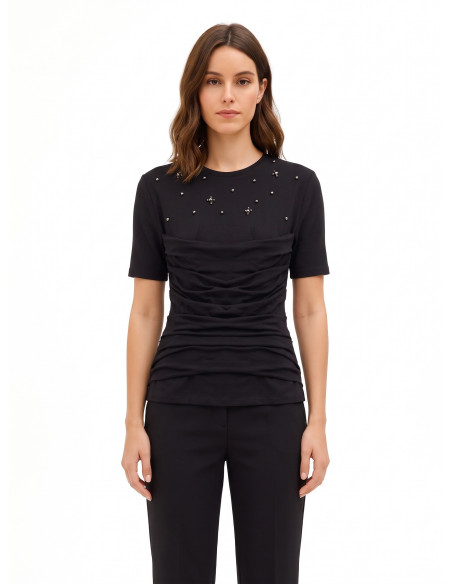 T-shirt coupe classique en coton mélangé, avec drapé et cristaux cabochons « Rinascimento »