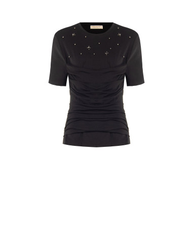T-shirt coupe classique en coton mélangé, avec drapé et cristaux cabochons « Rinascimento »