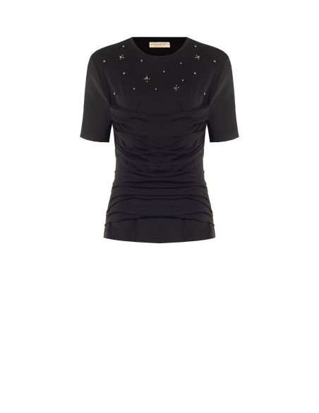 T-shirt coupe classique en coton mélangé, avec drapé et cristaux cabochons « Rinascimento »