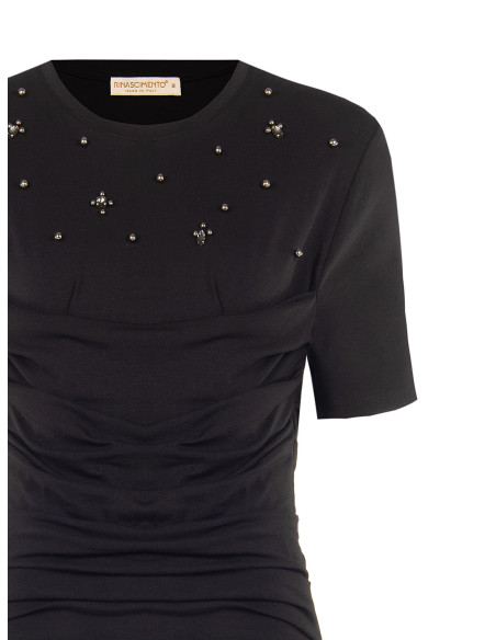 Regular-fit T-shirt in a cotton blend with draping and Rinascimento-style cabochon crystals