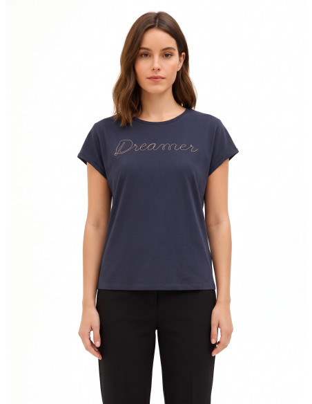 Regular-fit T-shirt in a cotton blend with the word ‘Dreamer’ in thin chain stitch – Rinascimento