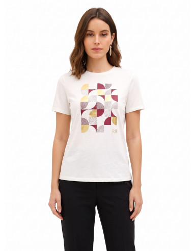 T-Shirt Regular In Cotone Con Stampa Geometrica E Dettagli Laminati Rinascimento