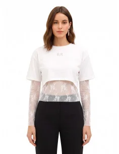 Matching lace top and cotton crop top with RR logo in rhinestones by Rinascimento