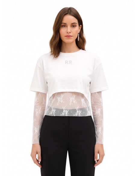 Coordinato Top In Pizzo E Crop Top In Cotone Con Logo Rr In Strass Rinascimento