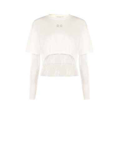 Ensemble composé d'un haut en dentelle et d'un crop top en coton orné du logo RR en strass « Rinascimento »