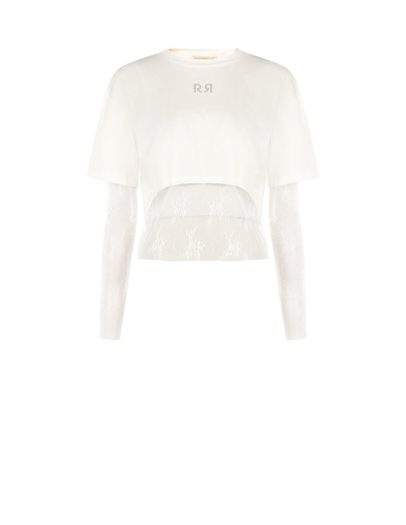 Ensemble composé d'un haut en dentelle et d'un crop top en coton orné du logo RR en strass « Rinascimento »
