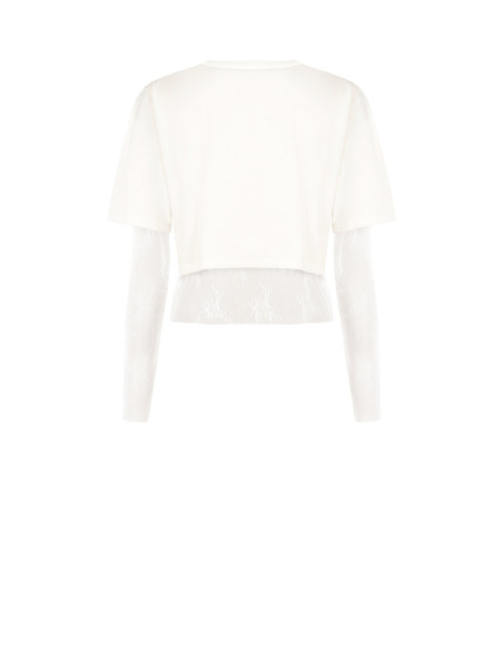 Ensemble composé d'un haut en dentelle et d'un crop top en coton orné du logo RR en strass « Rinascimento »