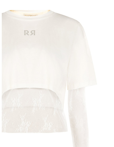 Coordinato Top In Pizzo E Crop Top In Cotone Con Logo Rr In Strass Rinascimento