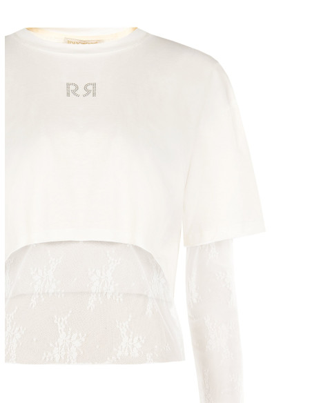 Matching lace top and cotton crop top with RR logo in rhinestones by Rinascimento