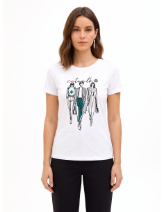 T-Shirt Regular In Misto Cotone Con Stampa Sfilata In Floccato Rinascimento