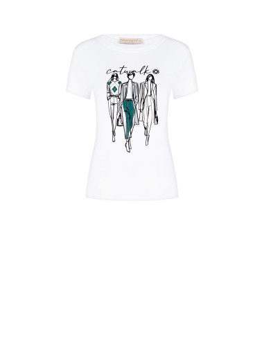 T-Shirt Regular In Misto Cotone Con Stampa Sfilata In Floccato Rinascimento