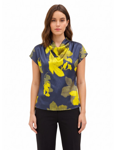 Blouse fluide en satin à fleurs avec encolure drapée « Rinascimento »