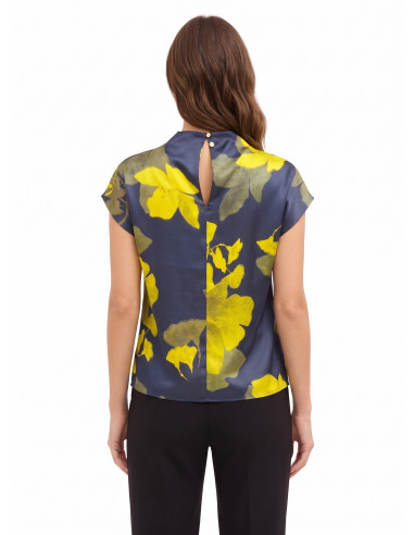 Blouse fluide en satin à fleurs avec encolure drapée « Rinascimento »