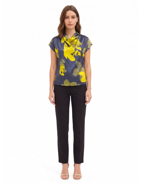 Flowing Floral Satin Blouse with a Draped Neckline by Rinascimento