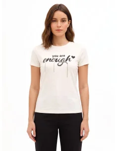 Regular-fit T-shirt in cotton blend with slogan print and Rinascimento-style rhinestones