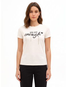 T-Shirt Regular In Misto Cotone Stampa Slogan Con Strass Rinascimento