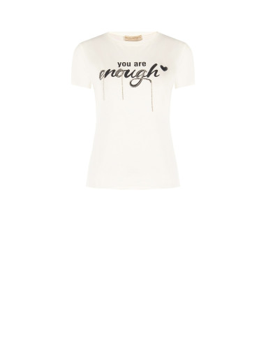 T-shirt coupe classique en coton mélangé, imprimé d'un slogan et orné de strass « Rinascimento »