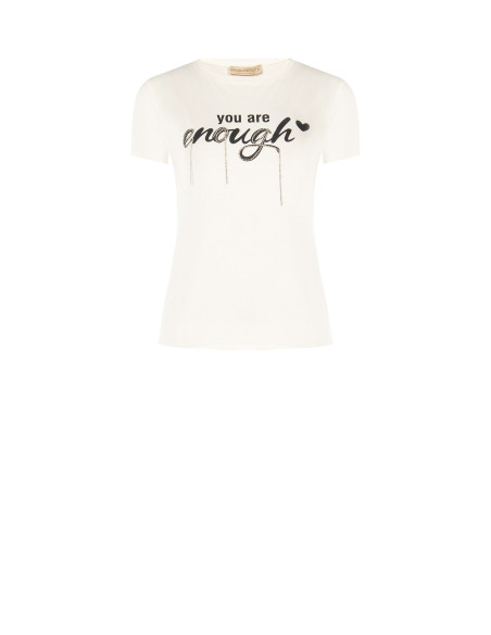 T-shirt coupe classique en coton mélangé, imprimé d'un slogan et orné de strass « Rinascimento »