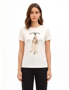 T-shirt coupe classique en coton mélangé, imprimé représentant une silhouette féminine ornée de cristaux « Rinascimento »