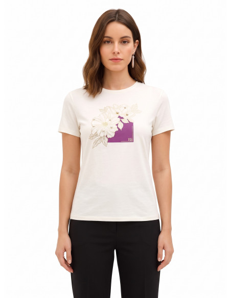 T-shirt coupe classique en coton avec motifs floraux laminés et perles « Rinascimento »