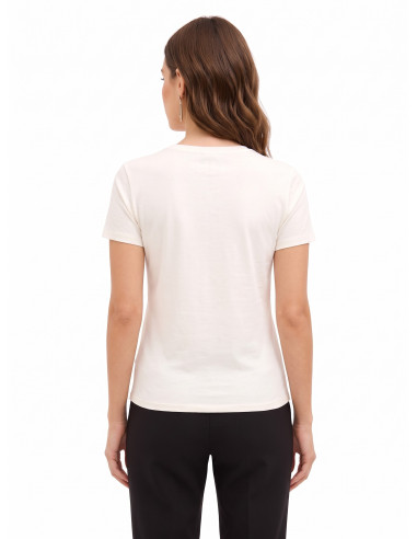 Regular-fit cotton T-shirt with laminated flowers and Rinascimento-style pearls