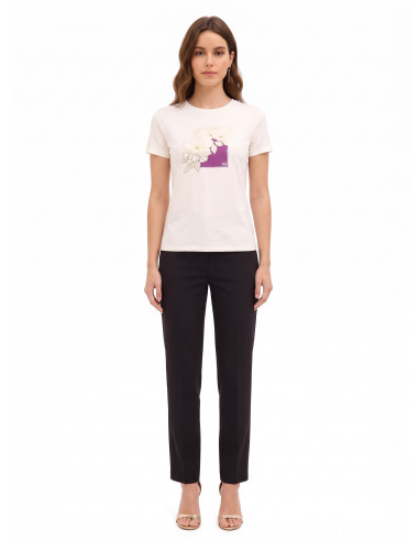Regular-fit cotton T-shirt with laminated flowers and Rinascimento-style pearls