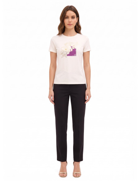T-Shirt Regular In Cotone Con Fiori Laminati E Perle Rinascimento