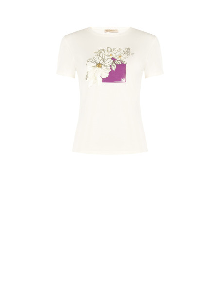 Regular-fit cotton T-shirt with laminated flowers and Rinascimento-style pearls