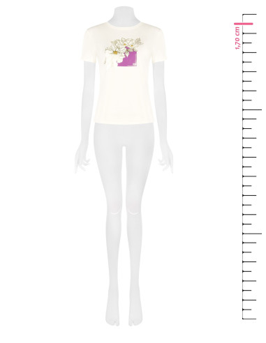 Regular-fit cotton T-shirt with laminated flowers and Rinascimento-style pearls