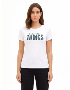 T-shirt coupe classique en coton mélangé, avec imprimé « slogan » et strass « Rinascimento »
