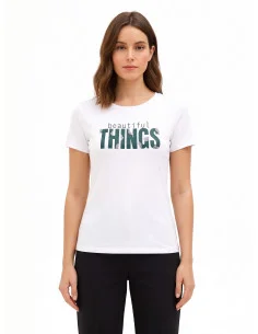 T-shirt coupe classique en coton mélangé, avec imprimé « slogan » et strass « Rinascimento »