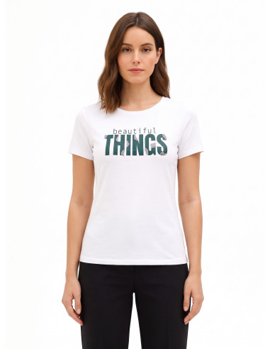 T-shirt coupe classique en coton mélangé, avec imprimé « slogan » et strass « Rinascimento »