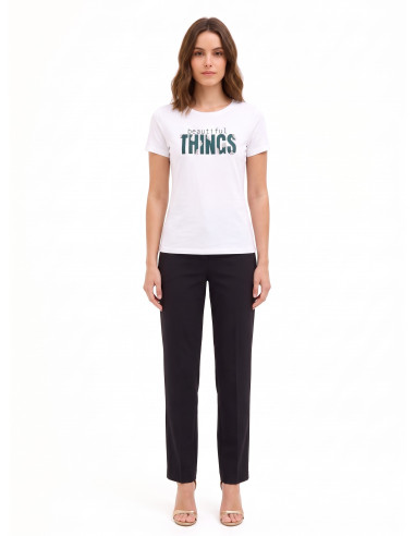 T-Shirt Regular In Misto Cotone Con Stampa Slogan Con Strass Rinascimento