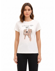 Regular-fit cotton T-shirt with a fashion print and Rinascimento-style rhinestone fringing