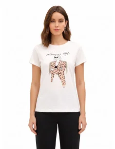 T-shirt coupe classique en coton avec imprimé tendance et franges en strass « Rinascimento »