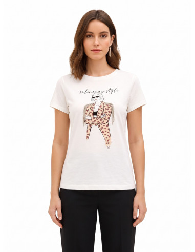 Regular-fit cotton T-shirt with a fashion print and Rinascimento-style rhinestone fringing
