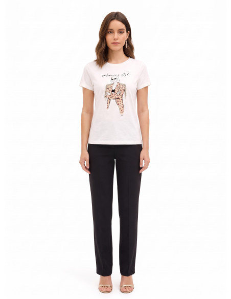 T-Shirt Regular In Cotone Con Stampa Fashion E Frange In Strass Rinascimento