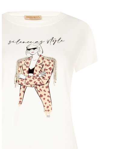 T-Shirt Regular In Cotone Con Stampa Fashion E Frange In Strass Rinascimento