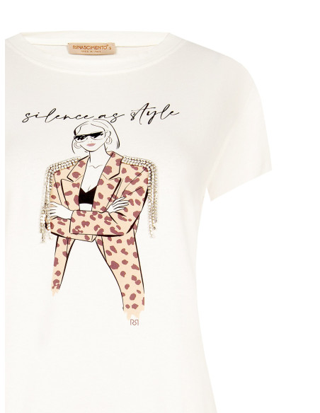T-Shirt Regular In Cotone Con Stampa Fashion E Frange In Strass Rinascimento