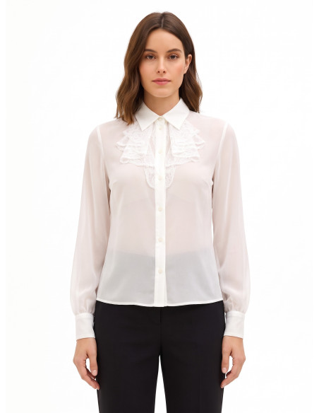 Camicia In Georgette Trasparente Con Volant In Pizzo Rinascimento